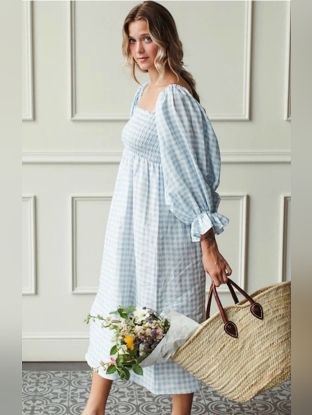 Sleeper 100% linen blue gingham atlanta midi dress, medium